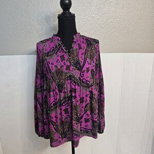 Lauren Ralph Lauren Black Label Top Sz Medium Paisley Pleated Button Preppy U424